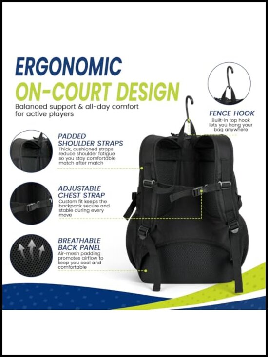Pickleball Backpack with Shoe Compartment, Fits 4 Paddles, Water-Resistant 600D main image 5